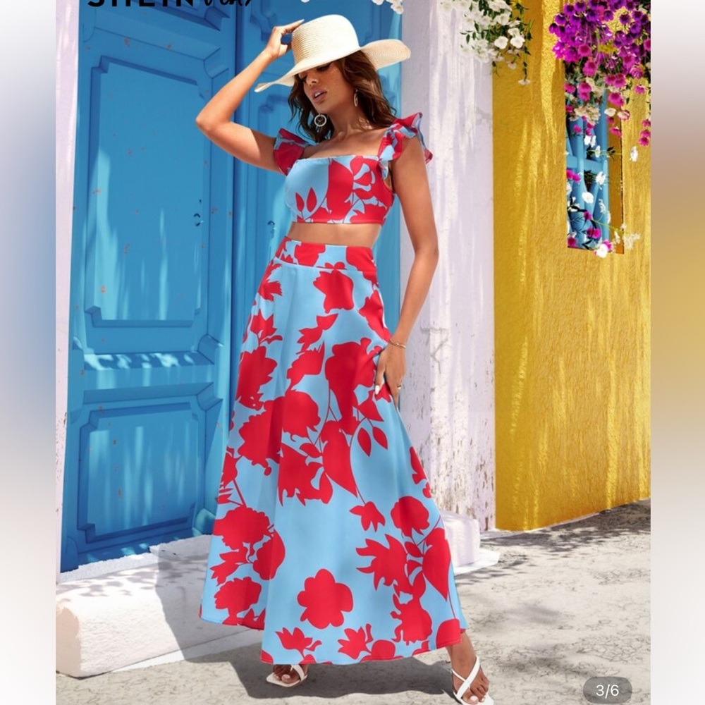 Floral Red and Blue Women's Two Piece Tropical Skirt with Matchinh Croptop